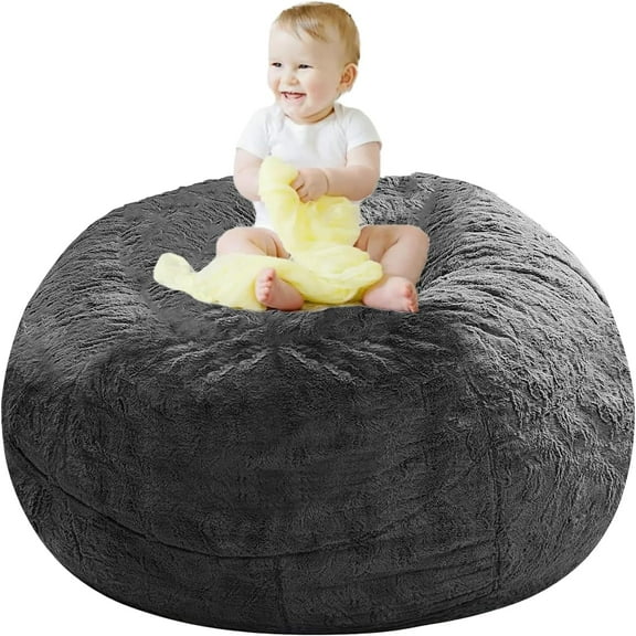 Giant Fur Bean Bag Chair Cover for Kids Adults, (No Filler) Living Room Furniture Big Round Soft Fluffy Faux Fur Beanbag Lazy Sofa Bed Cover (Grey, 3FT)