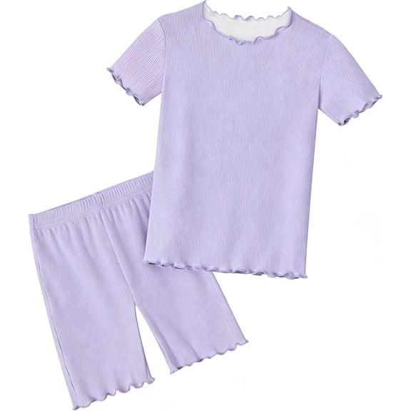 SNKSDGM Girls 2 Piece Summer Loungewear Set, Ruffle Trim Crew Neck Short Sleeve Tee Elastic Waist Shorts Light Purple 5-6 Years