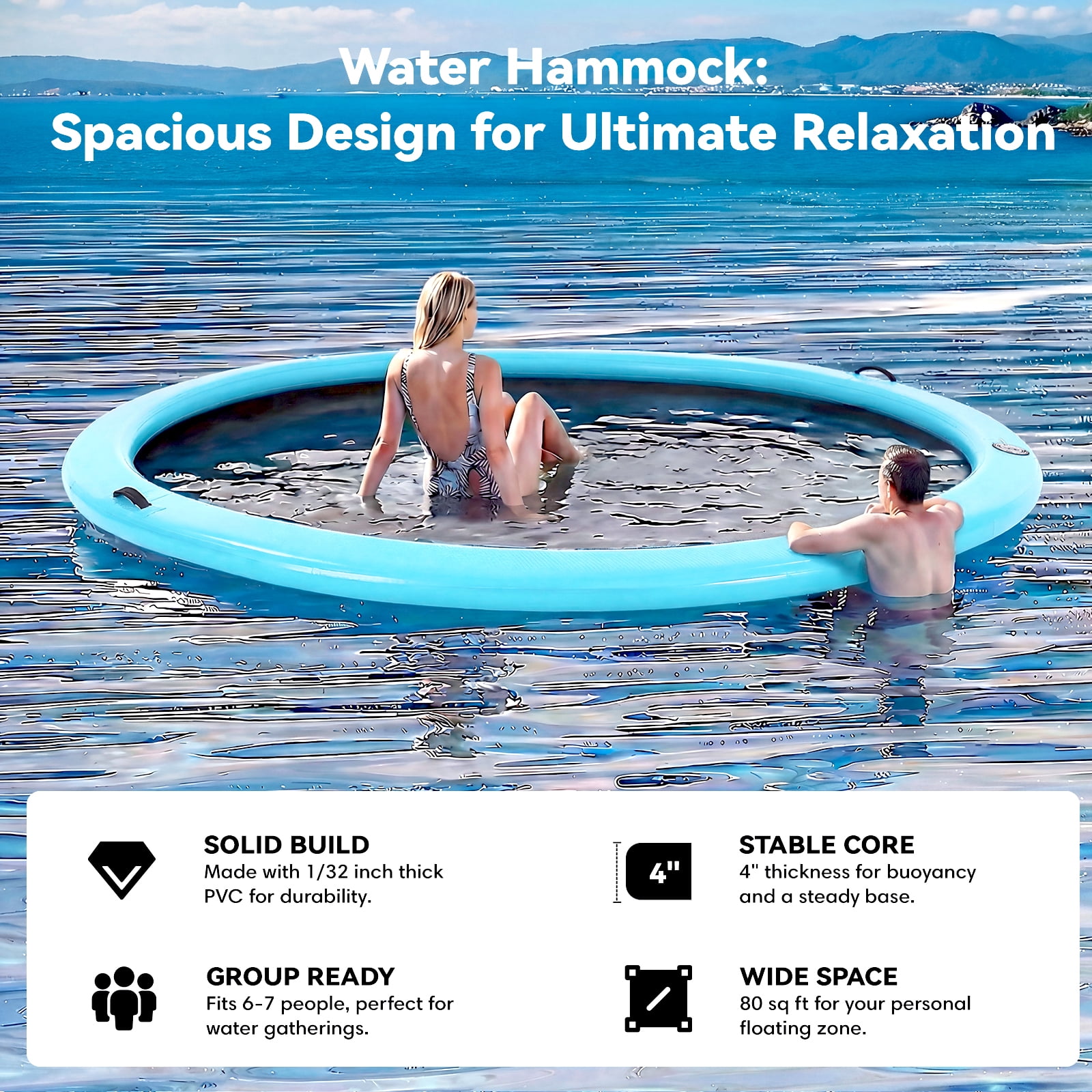Danrelax 10FT Sunchill Round Inflatable Float Ring for Adults, Heavy Duty Hammock Pool Lounger with Pump, for Lake, Ocean & Pool