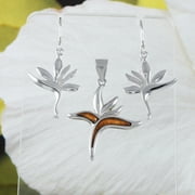 Unique Hawaiian Genuine Koa Wood Bird of Paradise Earring and Necklace, Sterling Silver Bird of Paradise Pendant, N8510SH Birthday Mom Gift