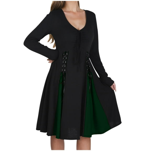 Halloween Dresses for Women Color Block Medieval Renaissance Waist Strap Dress Long Sleeve V Neck Dress