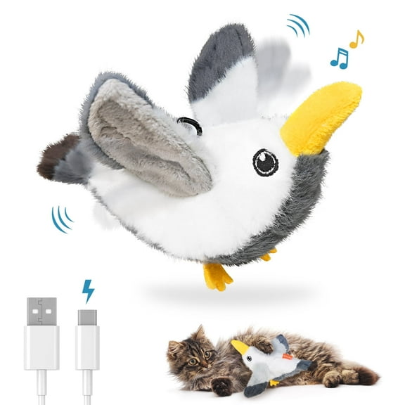 Petbobi Cat Toys Interactive Flapping Bird Kitten Toy - Rechargeable Touch-Activated with Catnip for All Breeds, Grey