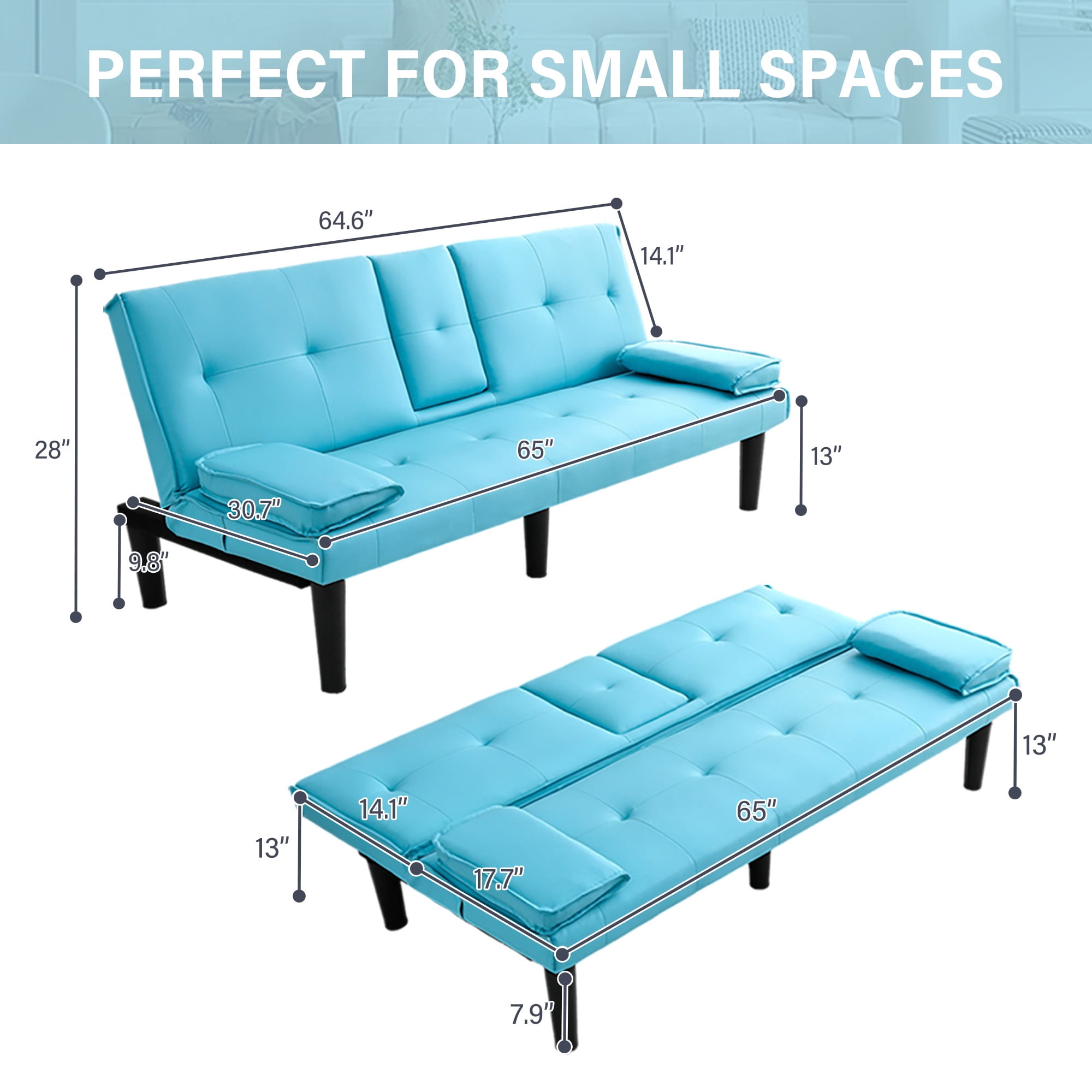 CARZZI LIFE Futon Sofa Bed PU Leather Modern Convertible Futon Couch with Removable Armrests, Cup Holders, Loveseat Sleeper Sofa Bed for Living Room, Apartment, Small Spaces (Blue)
