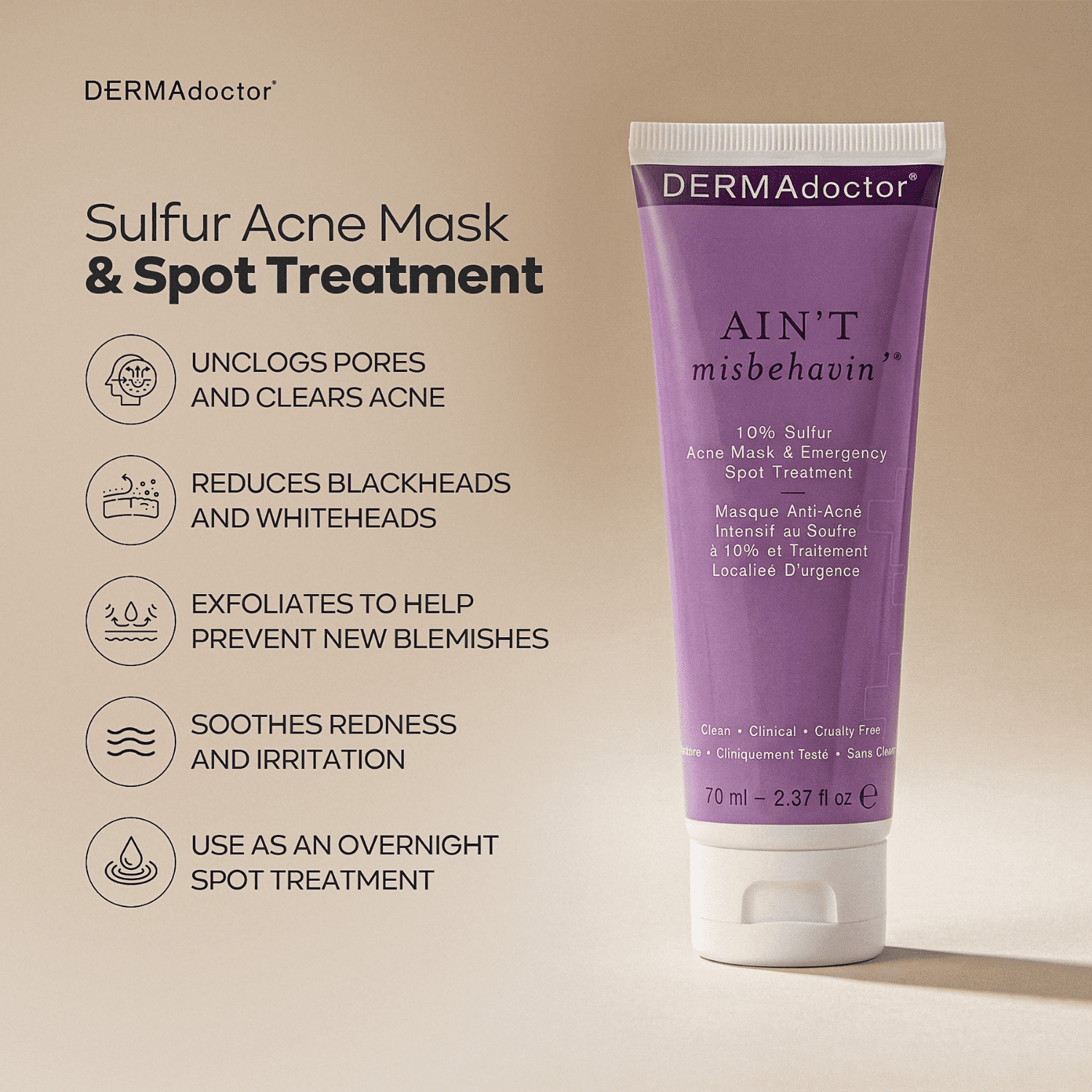 DERMAdoctor Ain’t Misbehavin’ 10% Sulfur Acne Face Mask | Intensive Treatment for Breakouts, Pore Care, 2.3 fl oz