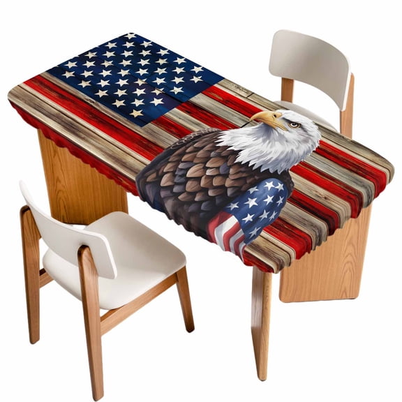 American Flag Table Cloths for 4 Foot Rectangle Tables, Vintage Eagle Blue Red USA Flag Patio Waterproof Elastic Fitted Tablecloths, Washable Rectangular Table Cover for Camping