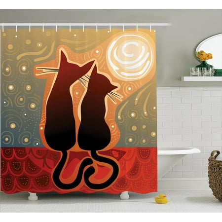 Lighting Luna Bath - Animal Decor Shower Curtain Set, Affectionate Female And Male Cats Love Watching The Moon Luna In A Stary Sky Print, Bathroom Accessories, 69W X 70L Inches, By Ambesonne