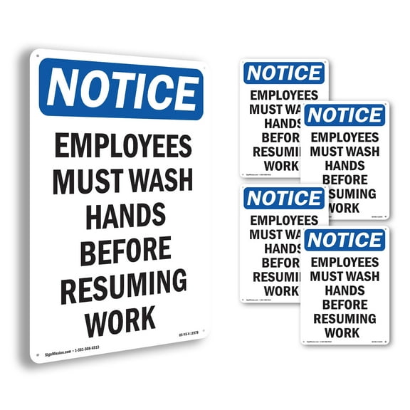 Employees Must Wash Hands Before OSHA Notice Rigid Plastic Sign 10 Inch x 7 Inch - 5 Pack