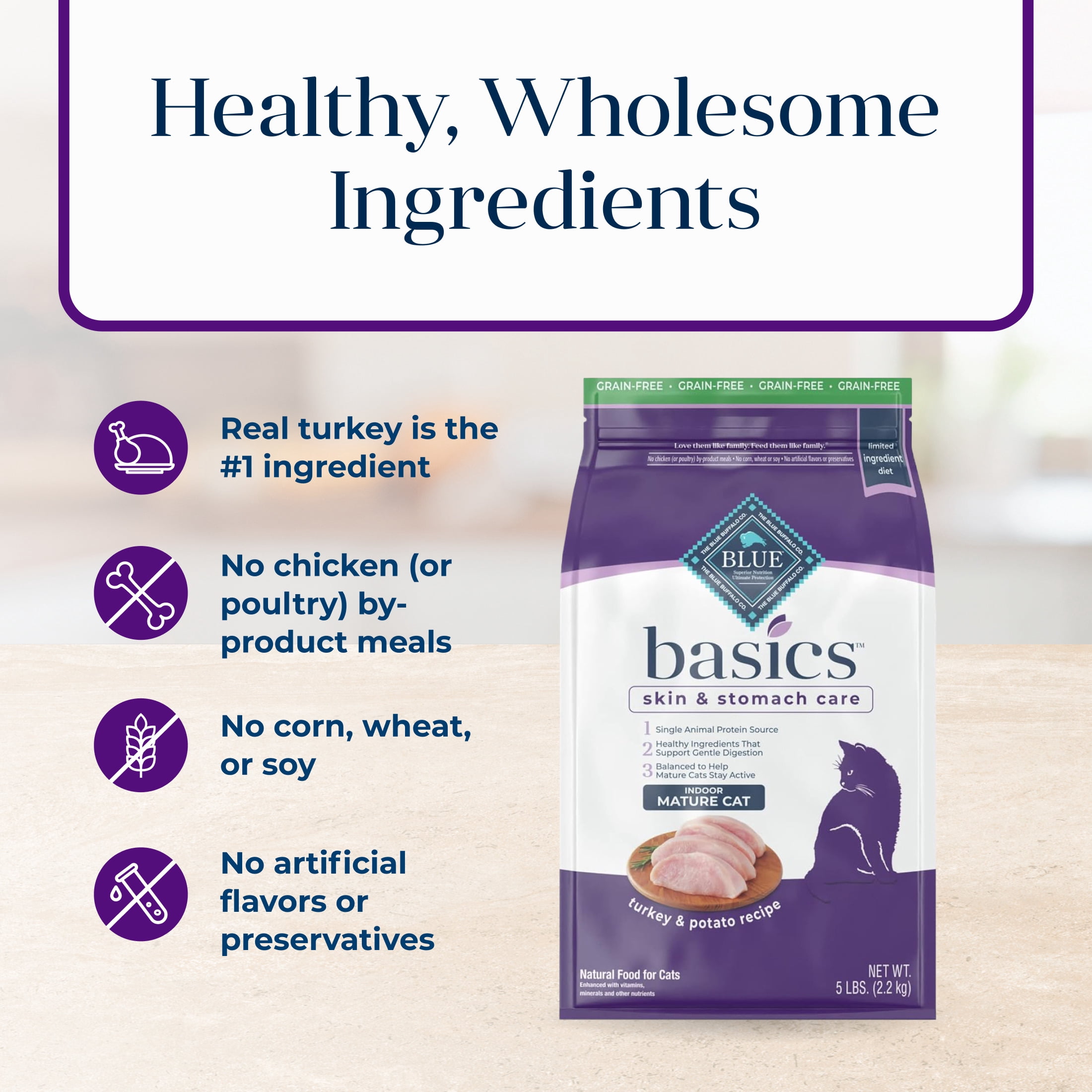 Blue Buffalo Basics Mature Dry Cat Food, Skin & Stomach Care, Turkey, Chicken Free, 11lb