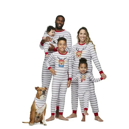 

Christmas Pajamas for Family Cute Elk Print Long Sleeve Striped Tops + Trousers Set Winter Sleepwear