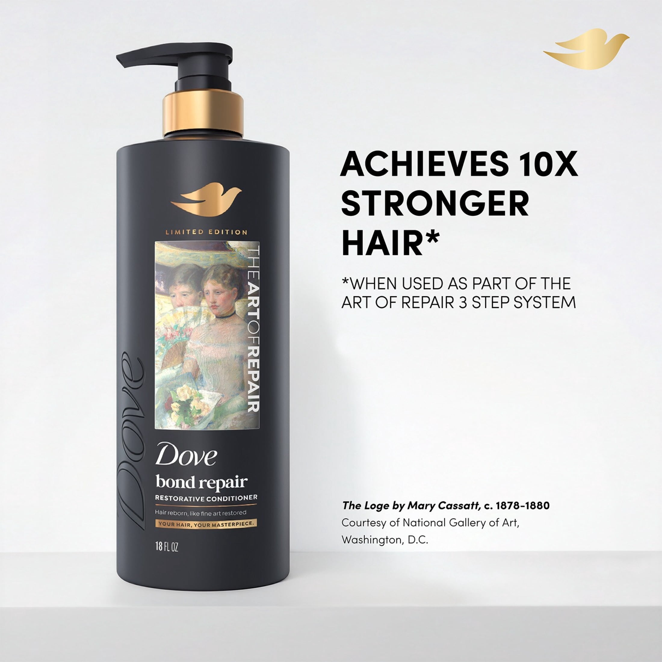Dove Limited Edition Bond Repair Conditioner, for damaged, brittle, dull hair with breakage, for Hair Reborn, Like Fine Art Restored, 18 fl oz