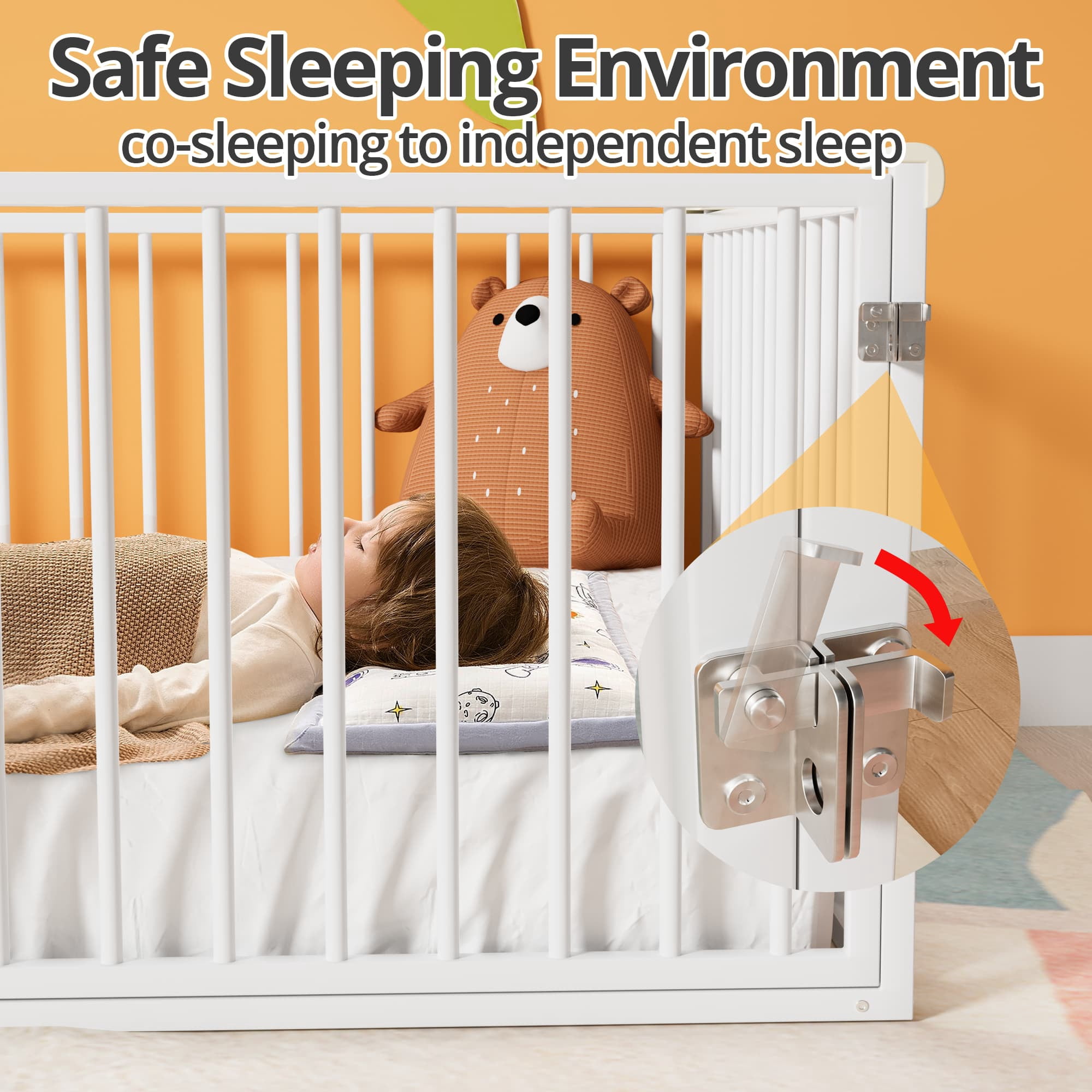Twin Size Montessori Floor Bed with Safety Fence and Door, Metal Floor Bed Frame with Rails, Minimalist Versatile Floor Bed for Children Bedroom, Toddlers, Boys Girls, Kids Playroom, White