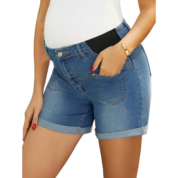 DARING DIVA Women's Maternity Elastic Panel Mid Rise Roll Hem Denim Shorts S Blue