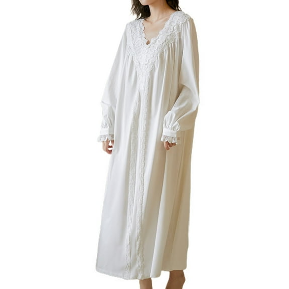 Previn Women's Cotton Victorian Nightgown Cute Lace Bishop Sleeve Sleep Shirt Long Pajama Dress Soft Frilly V Neck Sleepwear Old Fashioned Vintage Princess Night Dress White Large