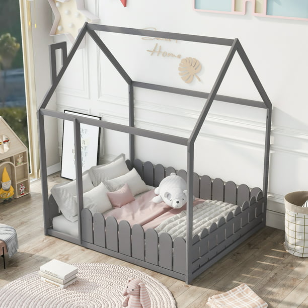 Toddler Bed Kids Frame, Twin Size House Bed With Picket Fence Railings