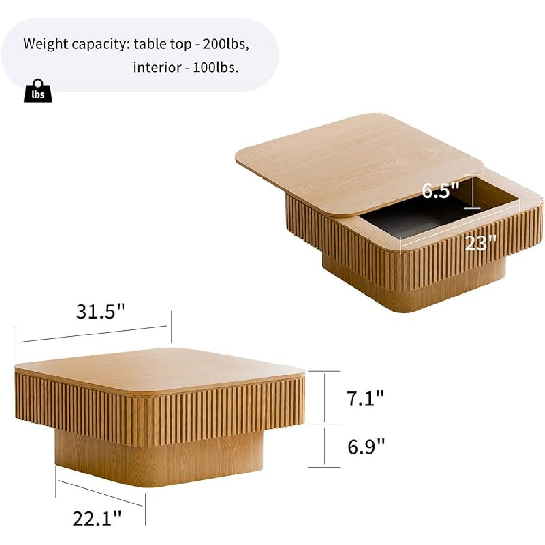 LKTART Square Coffee Table for Living Room,Fluted Drum Accent Tea Center Table with Storage,Solid Wood Modern Coffee Tables for Small Space Of Apartment (31.5" L×31.5''W×14''H-Natural)