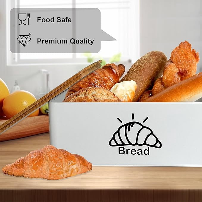 White Metal Bread Box with Bamboo Cutting Board Lid, Large Capacity Storage Organizer for Kitchen Countertop Home Use