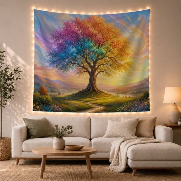 Colorful Tree of Life in a Whimsical Meadow, Dreamy Fantasy for Nature Lovers, Magical Wall Art Decor, Housewarming Gift Tapestry Wall Hanging for Bedroom and Living Room