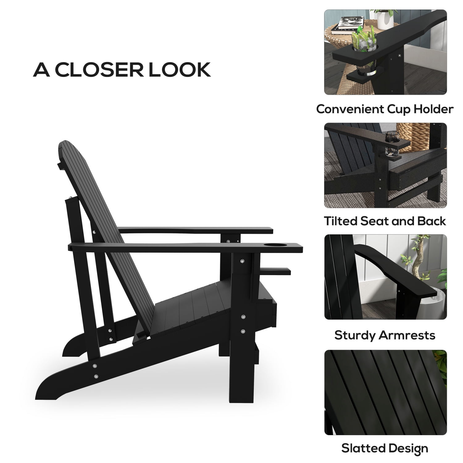 Wooden Adirondack Chair, Outdoor Patio Lounge Chair With Cup Holder For Deck, Garden, Backyard, Black