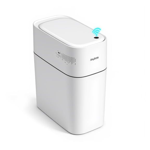 Joybos Bathroom Trash Can with Lid, 3.8 Gallon Slim Garbage Can, Small Plastic Trash Bin, Narrow Motion Sensor Wastebasket,White