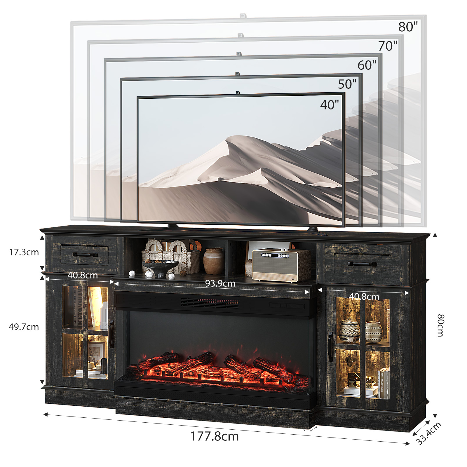 Ktaxon Modern 70" TV Stand with Fireplace, Entertainment Center with 36in Heater for 55/60/65/70" TVs with 2 Doors, Drawers & Shelves, Black Oak