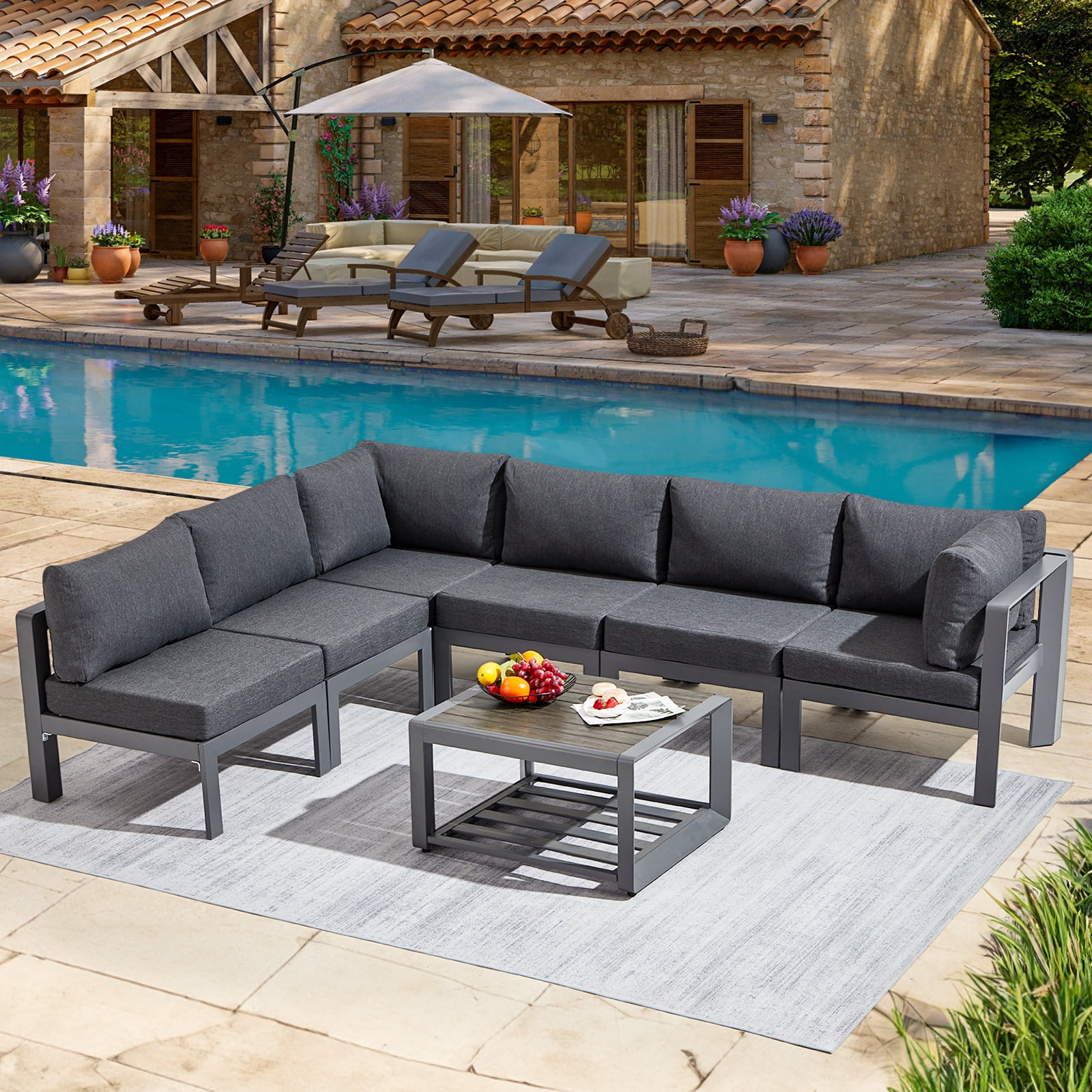 Suvivityse 7-Pcs Aluminum Patio Furniture Set Adjustable Corner Sofa with coffee table Outdoor Luxury Conversation Sofa Set