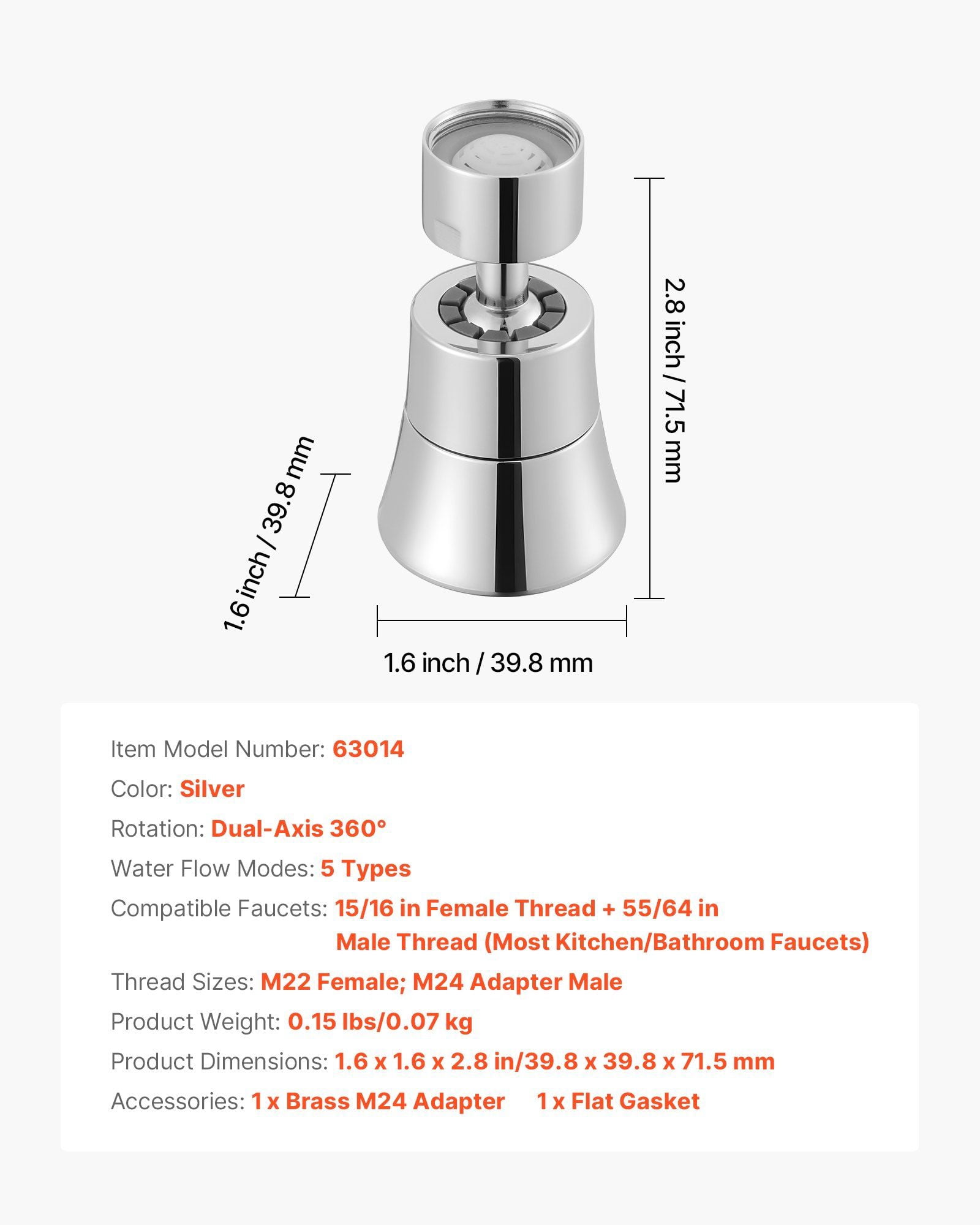 360° Swivel Kitchen Faucet Aerator with 5 Spray Modes, Anti-Splash Adapter, Universal Brass Fitting for Standard Kitchen Sinks