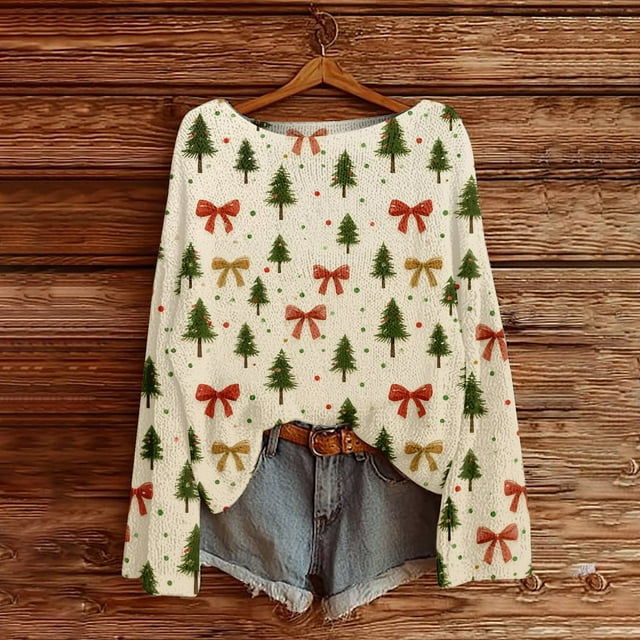 Chandails d'Hiver Grande Taille pour Femmes Chandails de Noël pour Femmes 2025 Col Rond Hiver Vacances Mignons Pulls Beige TTTG