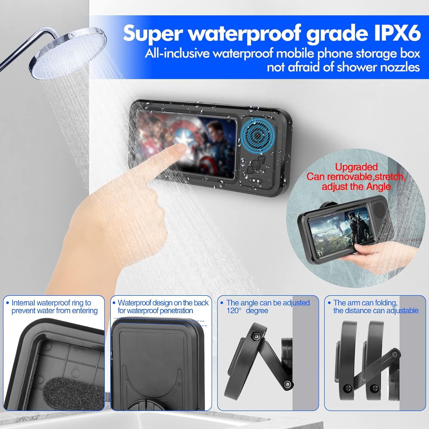 LC-dolida Shower Phone Holder with Wireless Bluetooth Speaker, Waterproof 360 Rotation Viewable Shower Phone Stand Case Mount Speakers for Bathroom Wall Mirro for 4"- 6.8" Cell Phones(Black)