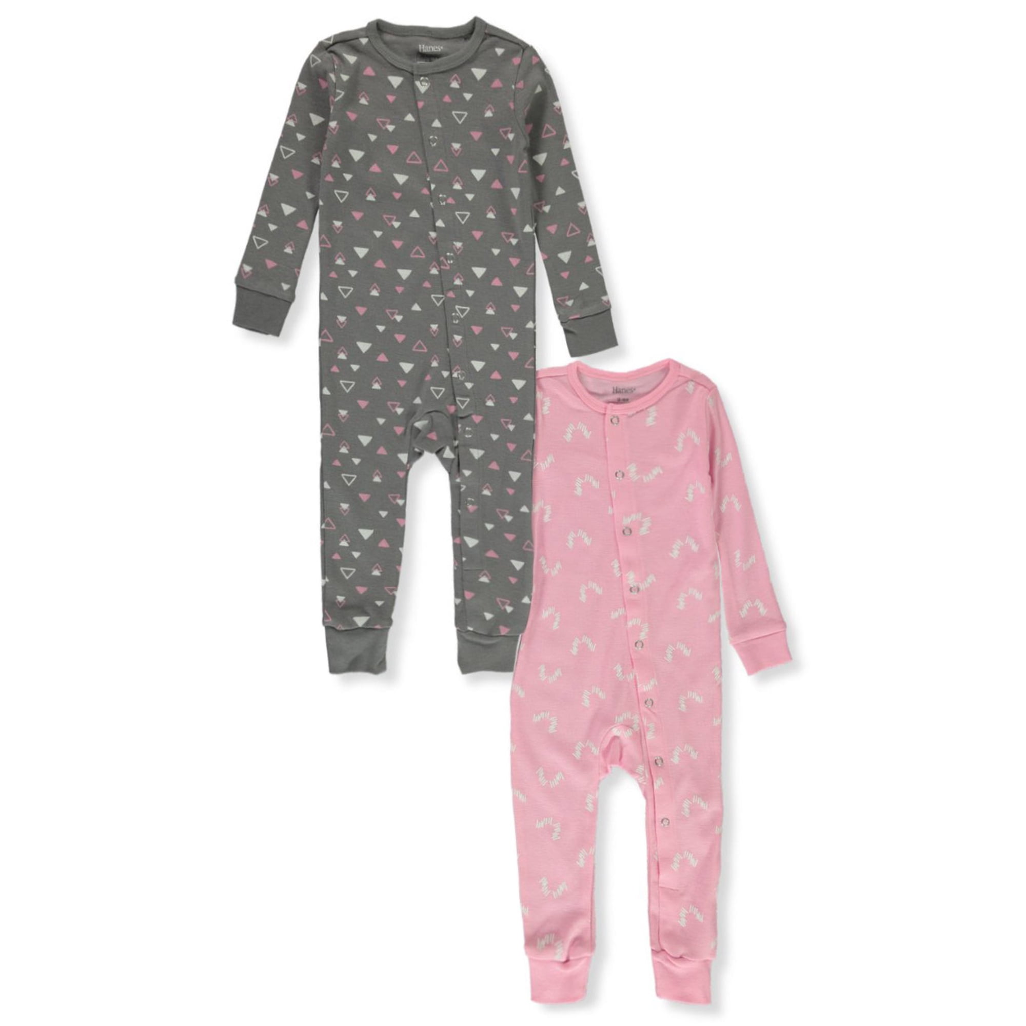 Hanes Ultimate Baby Flexy 2 Pack Sleep and Play Suits, Pink Shapes, 0-6 Months