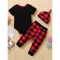 thumbnail image 3 of Kucnuzki 12 Months Newborn Baby Boy Spring Summer Outfits Pants Sets 18 Months Short Sleeve Letter Prints Romper Top Elastic Checkboards Prints Pants Hat 3PCS Set Black, 3 of 6