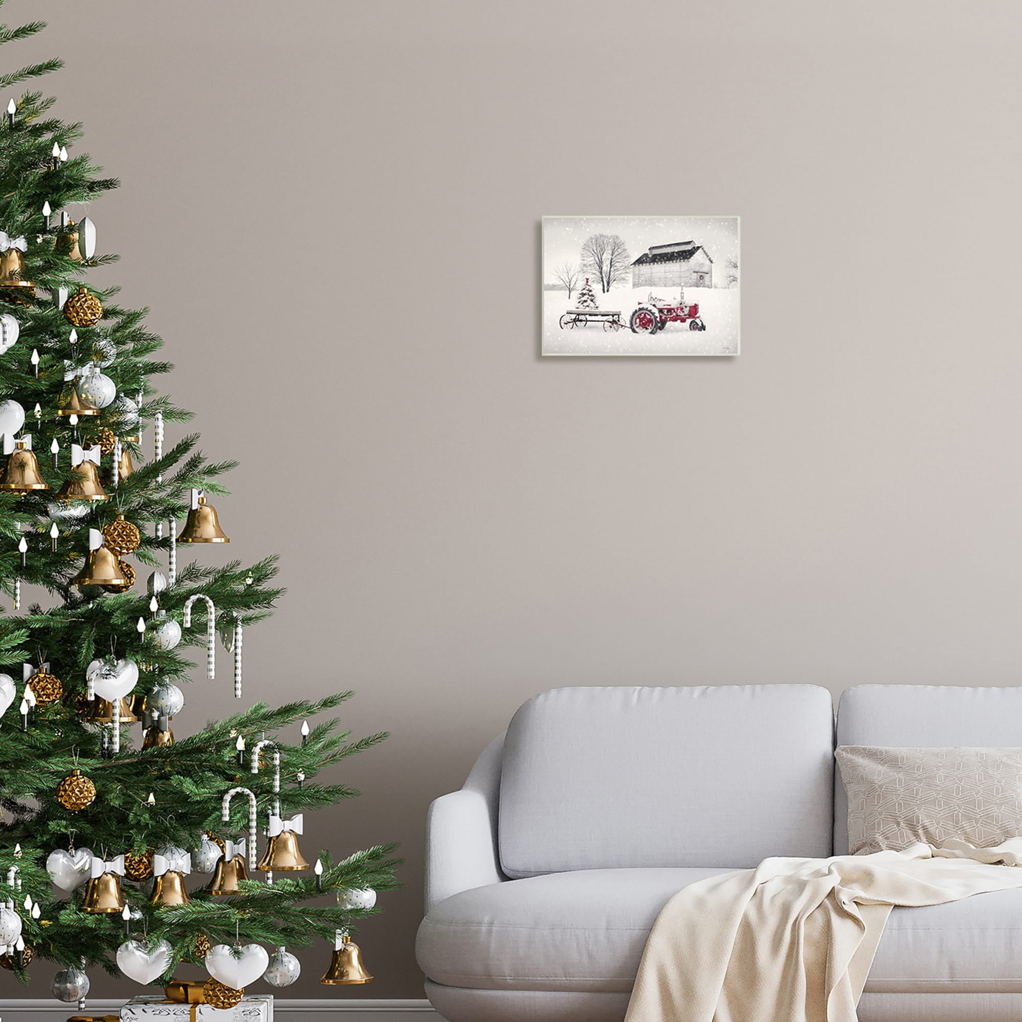 Festive Red Christmas Tractor Niveous Countryside Flurries Landscape Painting Unframed Art Print Wall Art
