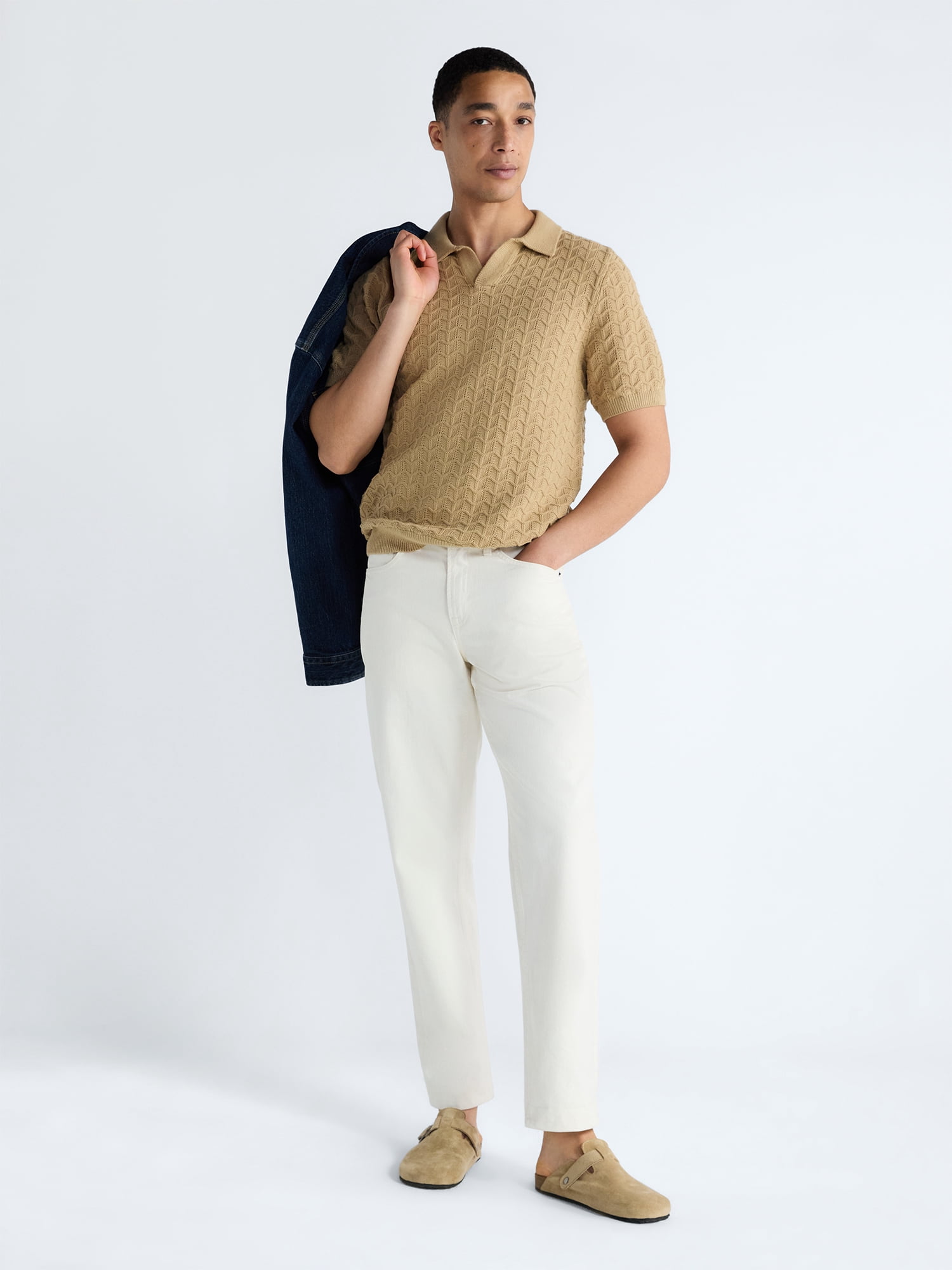 Free Assembly Men's Wavy Stitch Cotton Polo Sweater with Short Sleeves, Sizes S-3XL