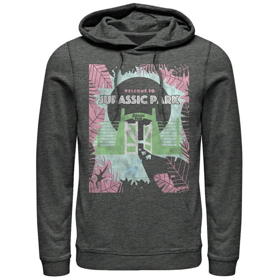 Men's Jurassic Park Welcome Gates Cartoon Pull Over Hoodie Charcoal Heather X Large