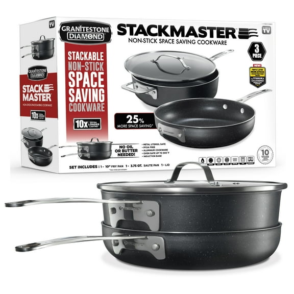 Granitestone Stackable Frying Pans, Space Saving 3 Piece Aluminum Fry Pan Set, 10" Frying Pan and 3.75Qt Saute Pan, Non Stick Cookware Set, Oven & Dishwasher Safe