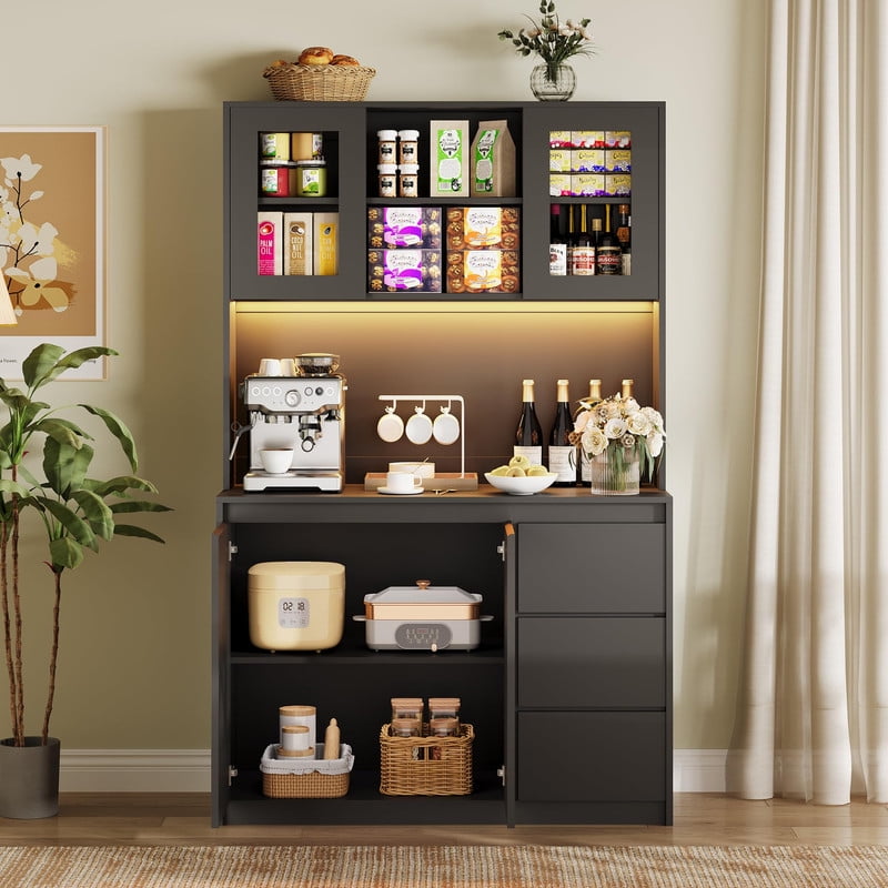 TROPOW Pantry Cabinet with Adjustable Shelf, Food Pantry with 4 Doors & 3 Drawers, Kitchen Pantry Cabinet with Built-in Power Hub for Dining Room