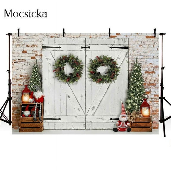 Christmas Rustic Door Birthday Cake Smash Backdrop Christmas Trees Wreath Background Lamp Snow Winter Retro Portrait Photography