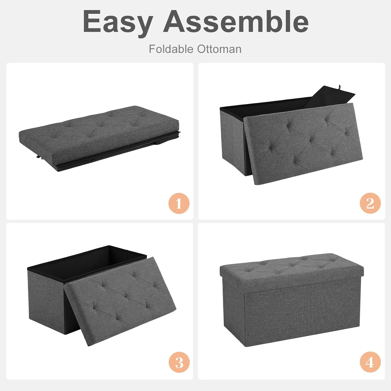 30" Folding Storage Ottoman Bench Storage Linen Footrest with Foam Padded Seat, Holds up to 330 lbs, Gray