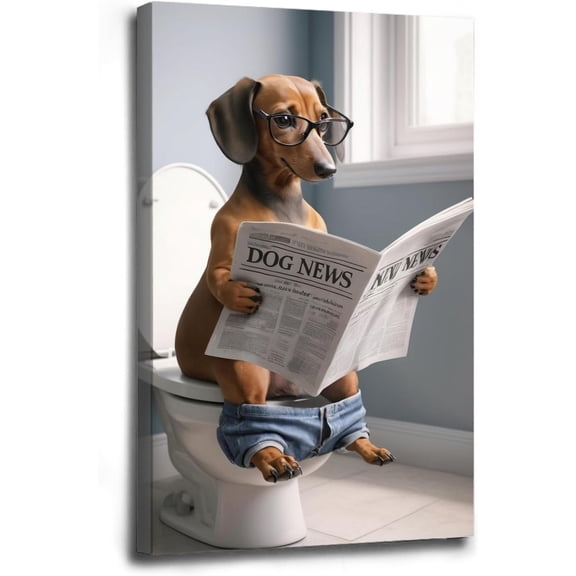 AVOI Funny dog ​​in bathroom sitting on toilet reading newspaper funny bathroom wall decor animals in toilet dog gift ideas bathroom decor wall art canvas wall art for dog lovers Unframe: 20x24in