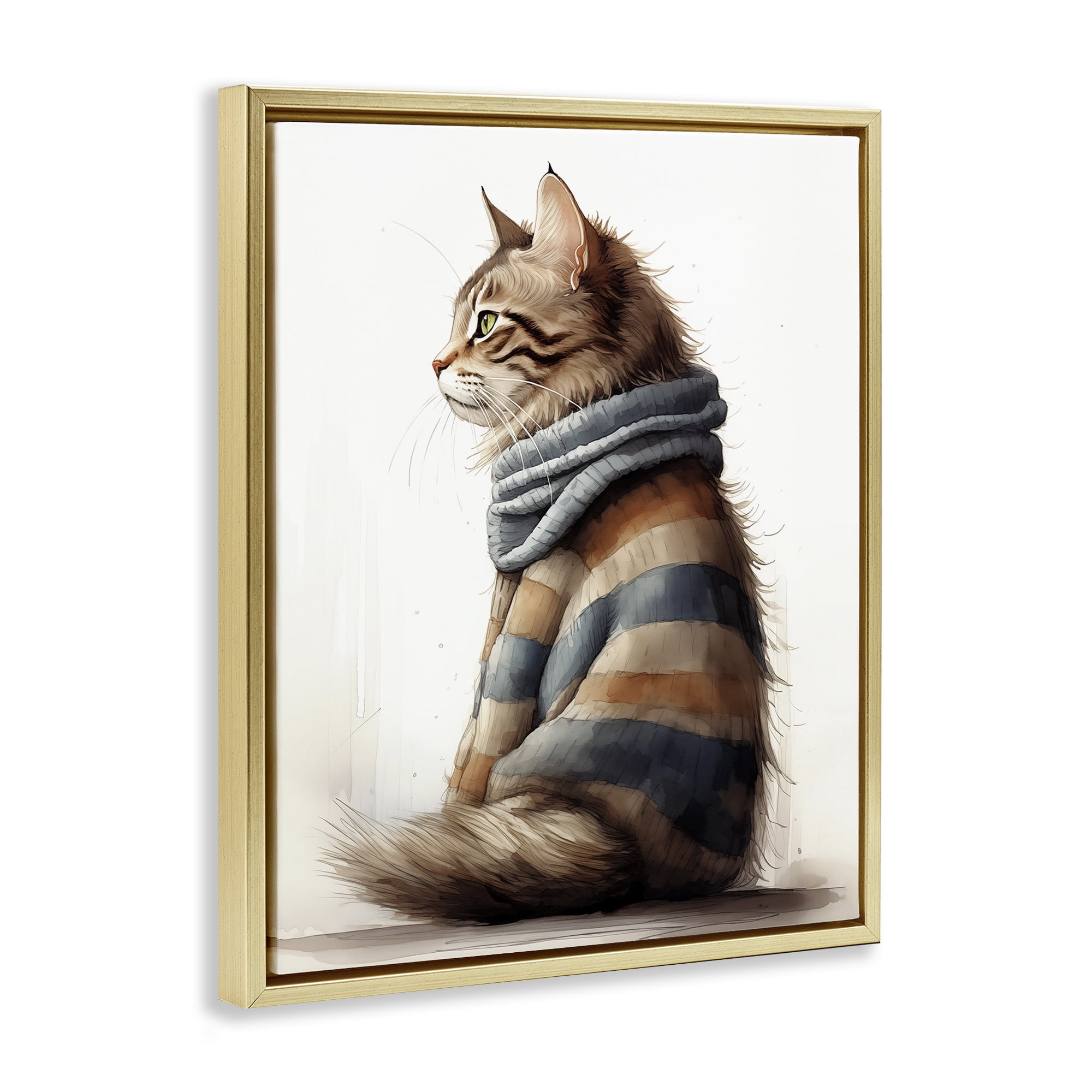 Stupell Industries Cat in Striped Sweater Animals & Insects Painting Gold Floater Framed Canvas Art Print Wall Art, 25 x 31