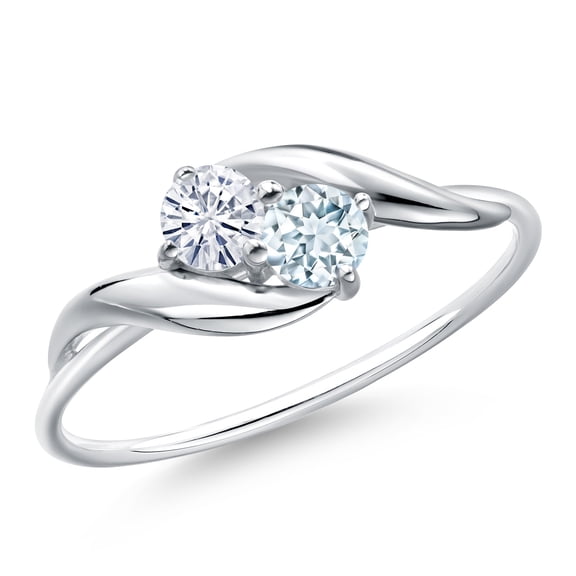 Gem Stone King 10K White Gold Round White Moissanite and Sky Blue Aquamarine Ring for Women (0.33 Cttw, Round 3.5MM, Gemstone Birthstone, Size 9)