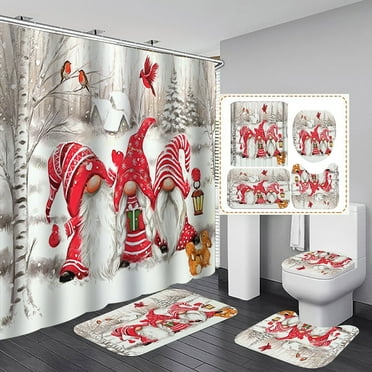 Christmas Gnome Waterproof Shower Curtain with Non-Slip Rugs Toilet Lid Cover Bath Mat Bathroom Shower Decor Accessory Set