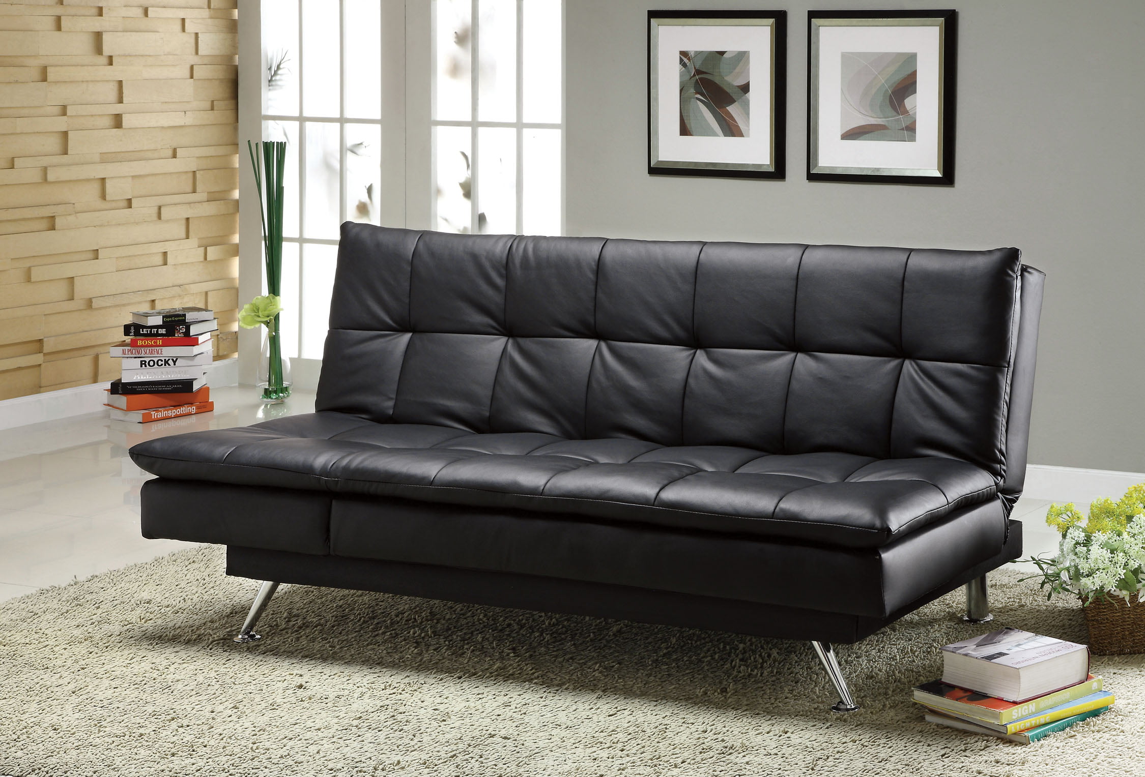 easyfashion convertible black faux leather futon sofa bed