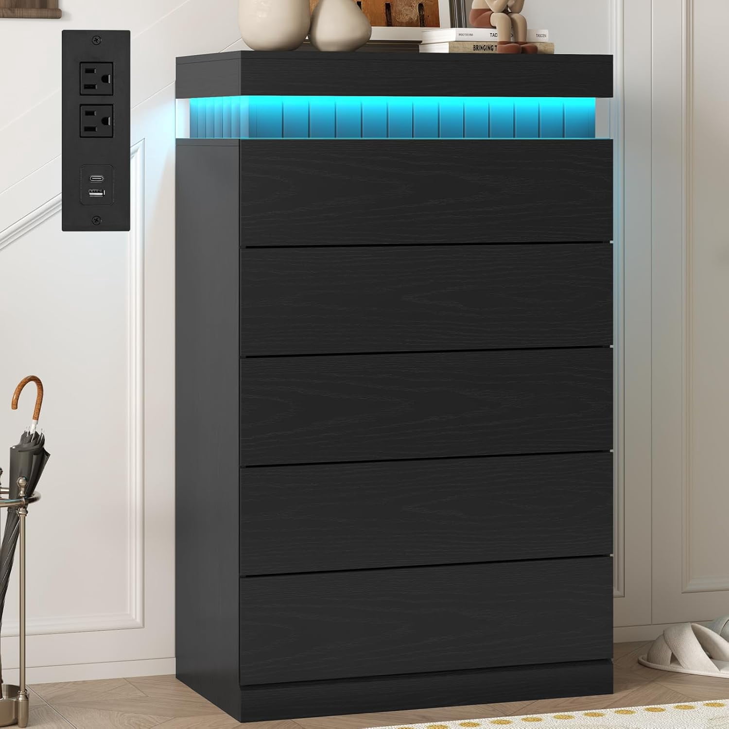 Weiplehoom Black 5 Drawer Dresser with Power Outlet & LED Lights, Modern Chest of Drawer Cabinet with Sliding Top, Floating Dressers for Bedroom, Living Room, Entryway, Hallway