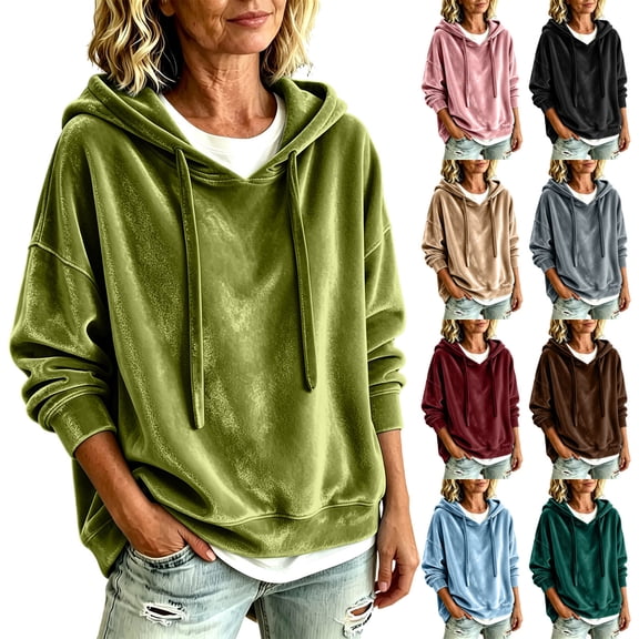 SEROYE Women's Velvet Sweatshirt Solid Long Sleeve Hooded with Drawstring Pullover Oversized Casual Winter Tops (XL, Green)