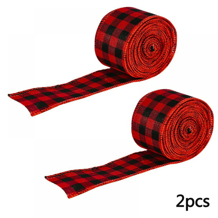 2 Rolls Red and Black Plaid Burlap Ribbon Wired Ribbon Christmas Wrapping  Ribbon for Christmas Crafts Decoration, Floral Bows Craft, 472 by 1.9  Inches 