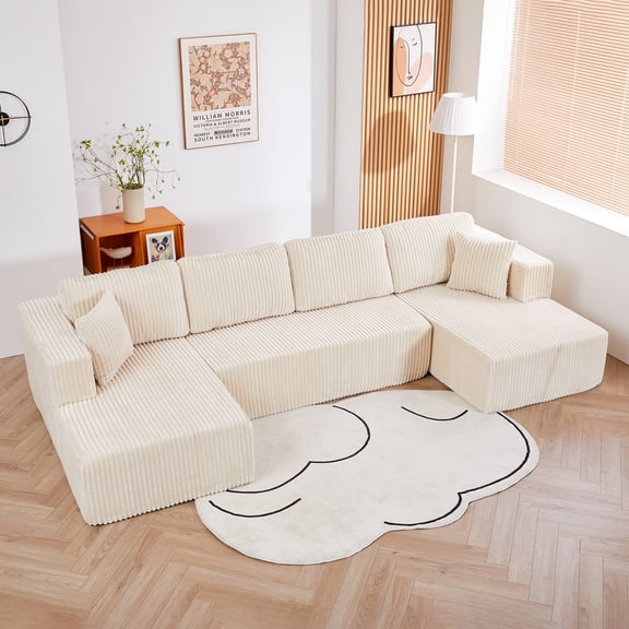 U shape Modular Sectional Sofa, Compressed Sectional Sofa Modern Minimalist Style Corduroy Couch, Sleeper Sofa for Living Room, Bedroom, Comfy Compressed Sofa Couch Space-Efficient ,BEIGE