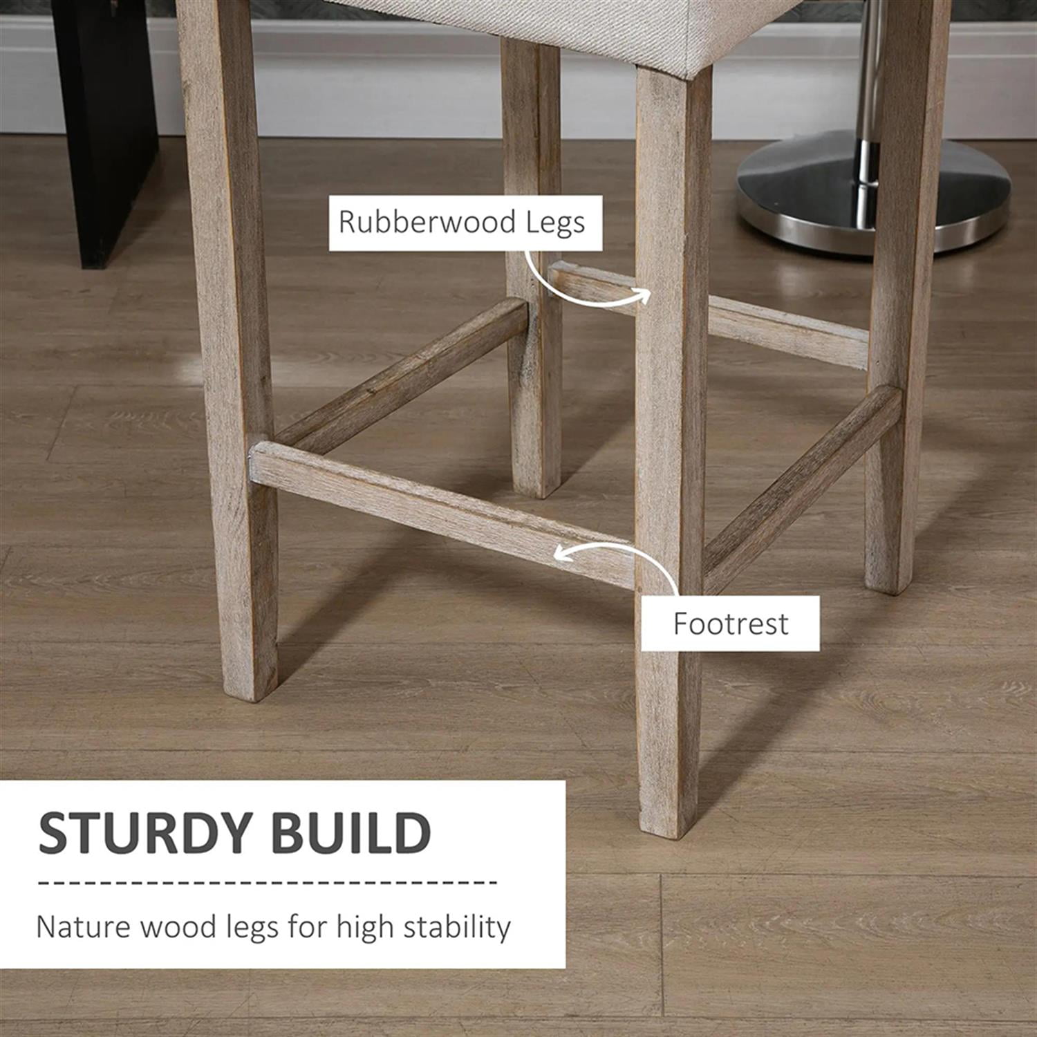 Demi Bonn Modern Bar Stool Set of 2, Cushioned Bar Height Stool with Button Tufted Upholstered Back and Rubber Wood Legs for Kitchen, Dinning Room, Beige