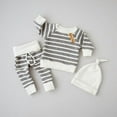 thumbnail image 2 of Franhais Baby 3PCS Outfit Set, Long Sleeve Wide Striped Round Neck Top, Long Drawing Straps Elastic Band Pant, Beanie Hat Set, 2 of 9