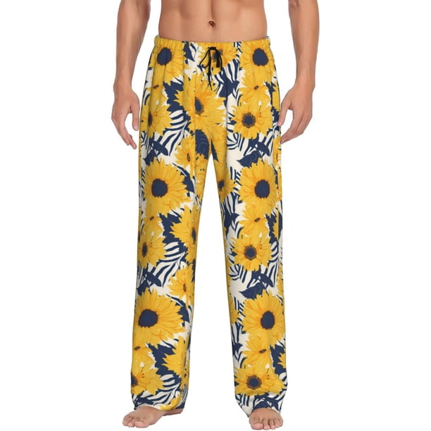 Fotbe Blue Striped Sunflower Pantalones de Pijama para Hombre, Pantalones de Dormir, Pantalones de Casa con Cintura Ajustable y Bolsillos-X-Large