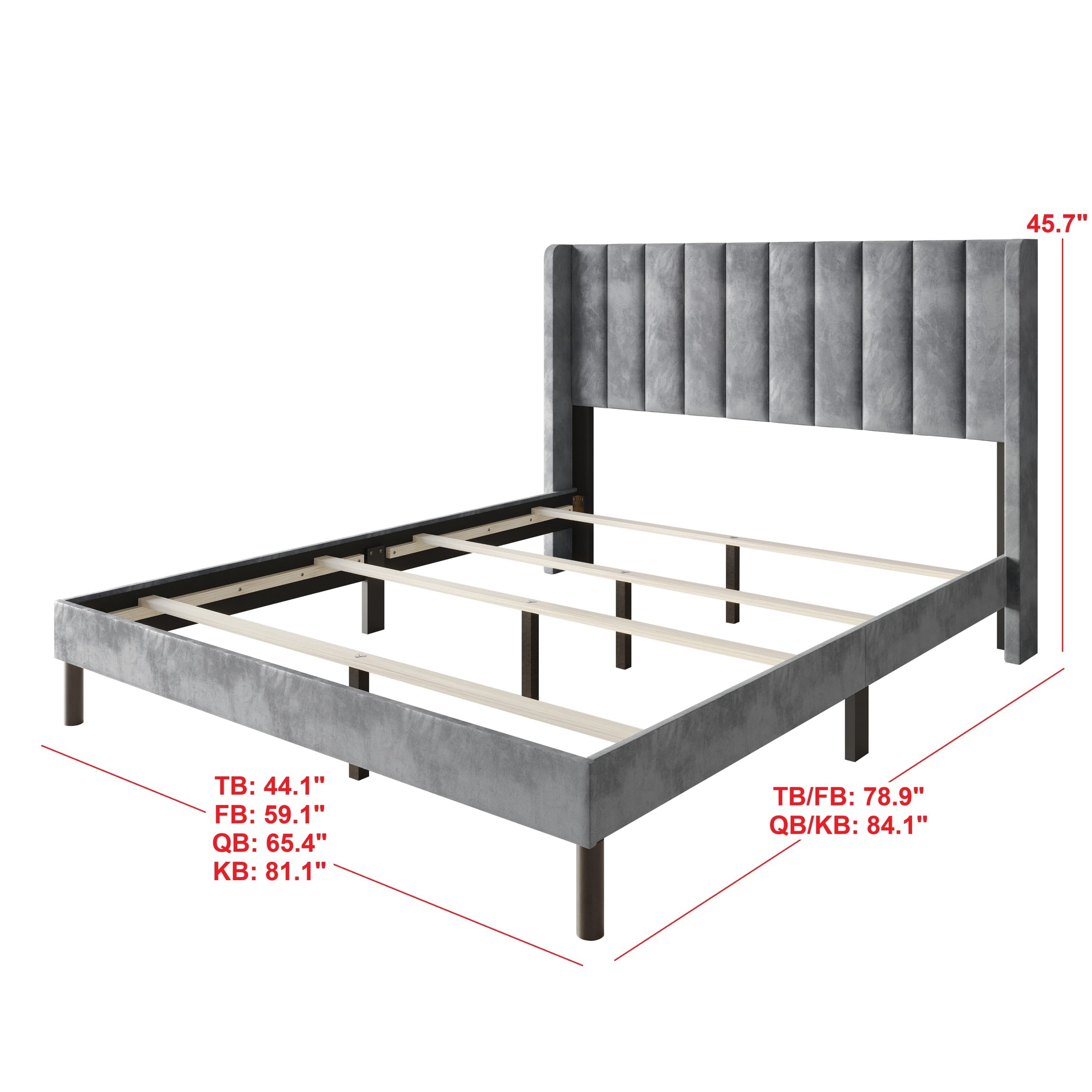 Home Design Herrin King Tufted Luxurious Velvet Upholstered Wingback Panel Bed Frame with Vertical Channel Tufting & Wingback Design, Silver Gray, Easy Assembly